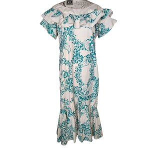 Vintage Liberty House Hawaii Medium Maxi Dress Blue White Floral Ruffle Tropical